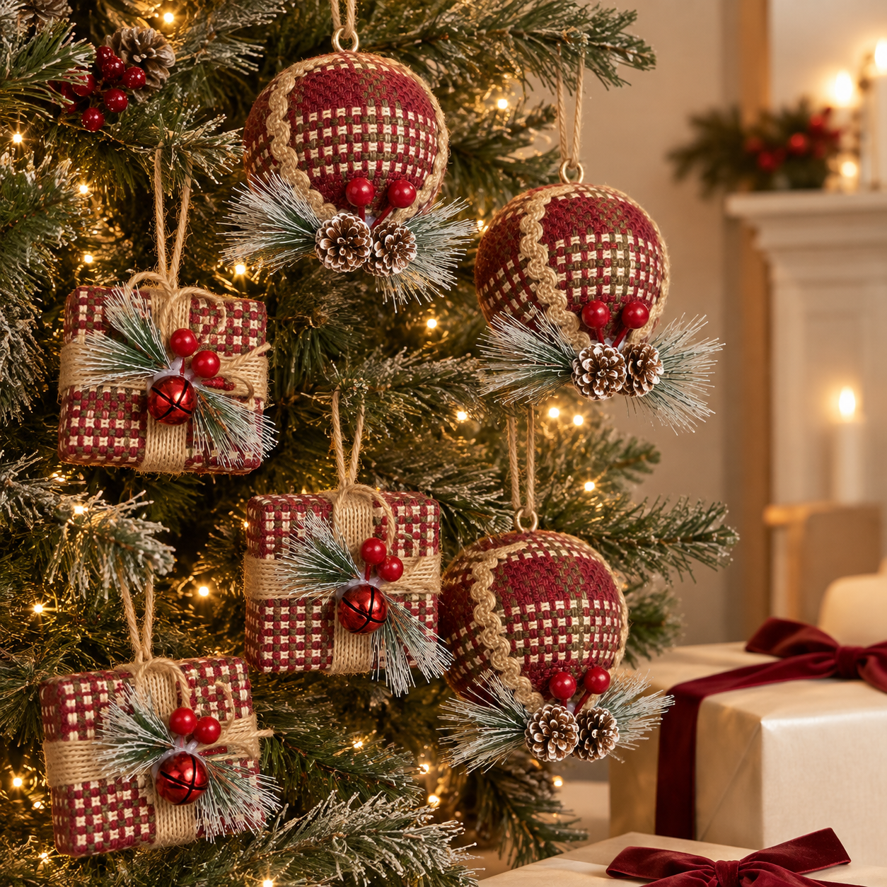 6 PIECE HERITAGE PLAID ORNAMENT SET