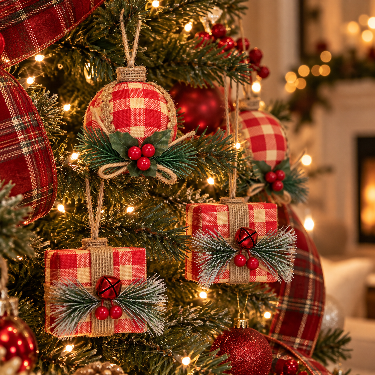 6 PIECE MERRY GINGHAM ORNAMENT SET
